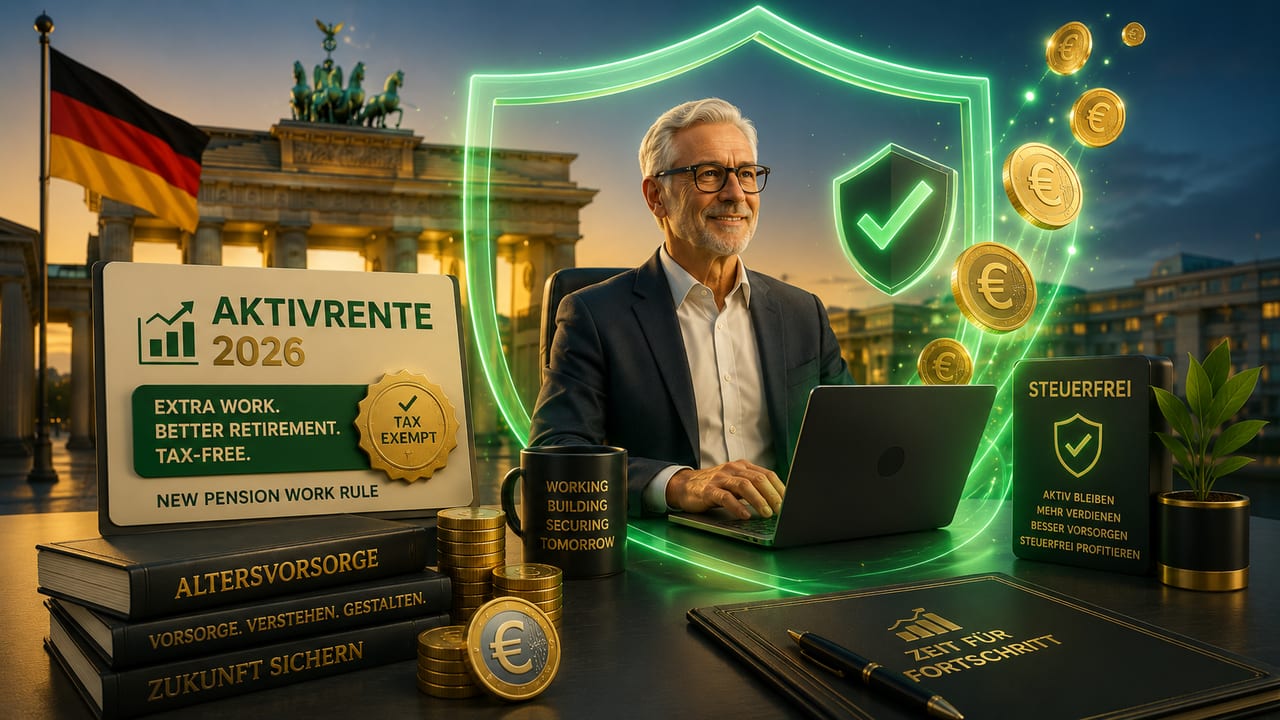 German Aktivrente calculator diagram showing €2,000 monthly tax-free allowance, Rentenpaket II work rules, and post-retirement tax savings worksheets