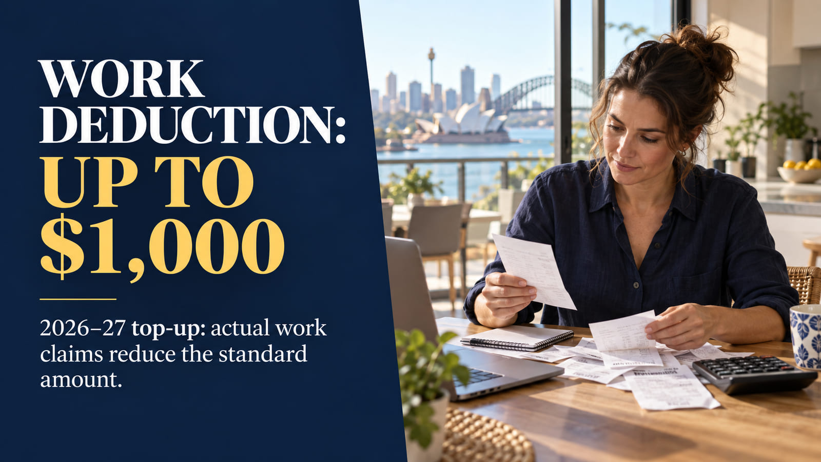 Australian worker reviews the 2026–27 work deduction; the enacted up-to-$1,000 standard amount is reduced by specified actual work claims.