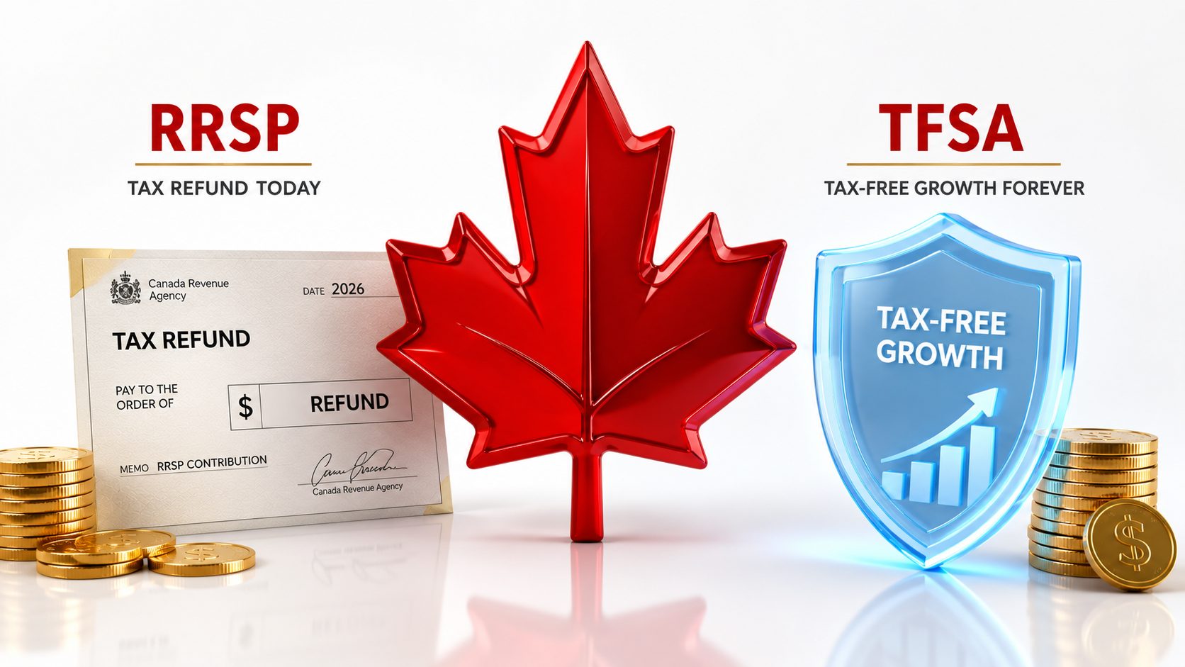Comparison table showing RRSP vs TFSA differences including 2026 contribution limits $33,810 for RRSP and $7,000 for TFSA with tax treatment and withdrawal rules