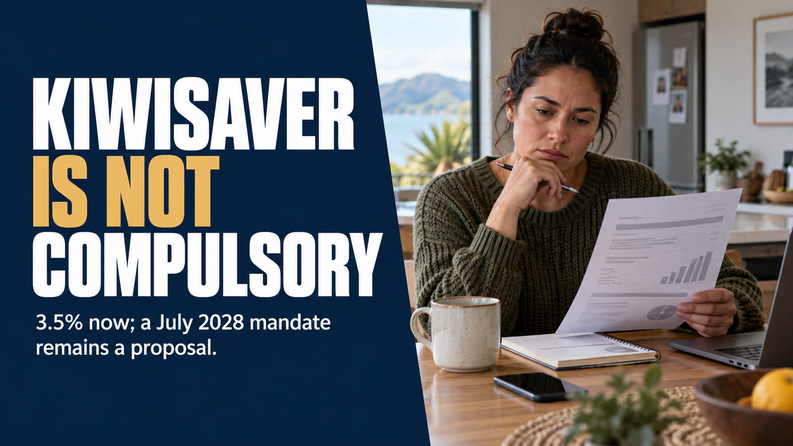 New Zealand worker reviews a KiwiSaver statement beside a headline saying 3.5% now and compulsory membership remains a proposal.