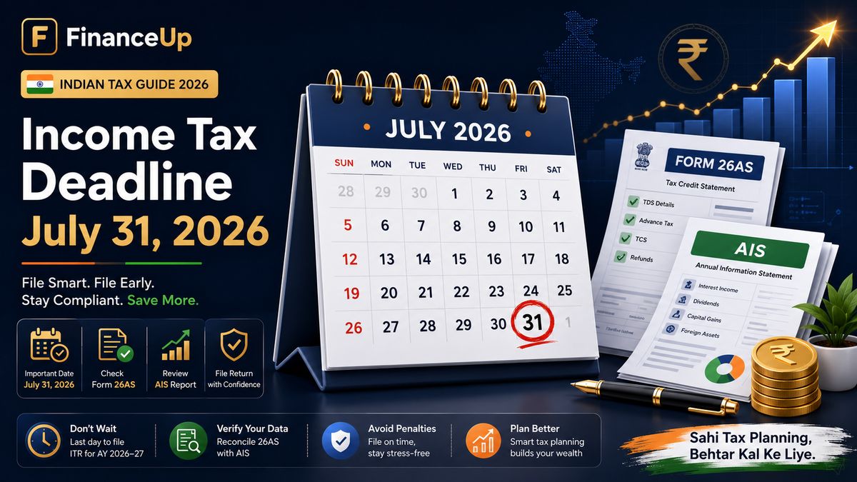 Visual guide for India ITR filing for AY 2026-27, showing the July 31 individual deadline, Form 26AS/AIS/TIS reconciliation workflow, late filing penalties, and ITR-1 vs ITR-2 eligibility.