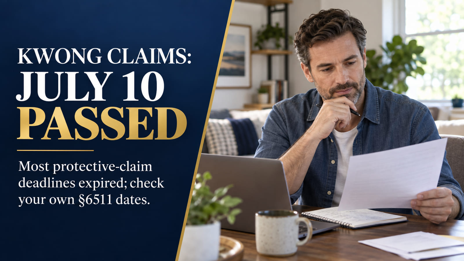 Taxpayer reviewing tax records beside a headline saying the July 10 Kwong claim date has passed and individual deadlines must be checked.