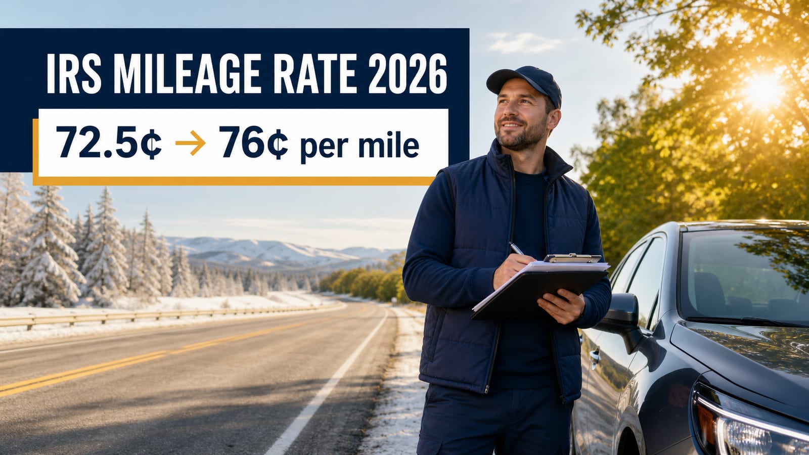 IRS 2026 standard mileage rate split-year guide showing the business rate rising from 72.5 cents in the first half to 76 cents per mile from July 1, 2026, with the medical rate climbing to 23.5 cents and charity fixed at 14 cents