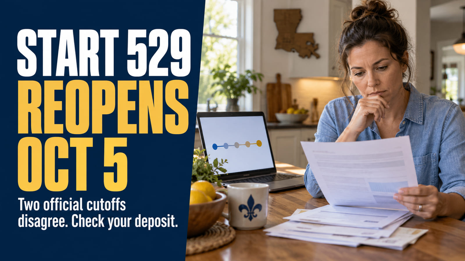 Louisiana parent reviewing a START 529 transition letter; the headline notes the October 5 reopening and conflicting official cutoffs