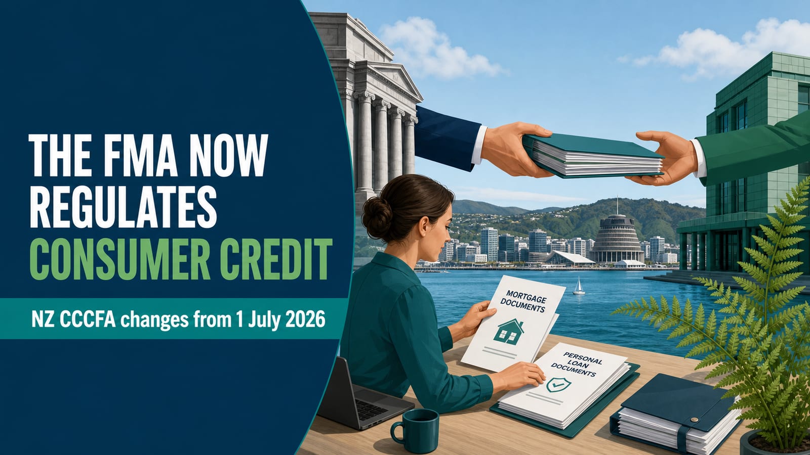 New Zealand FMA consumer credit regulation transfer guide showing the 1 July 2026 CCCFA handover from Commerce Commission, new lender licensing regime, FMA enforcement powers including stop orders and $600,000 penalties, and complaint pathway for borrowers