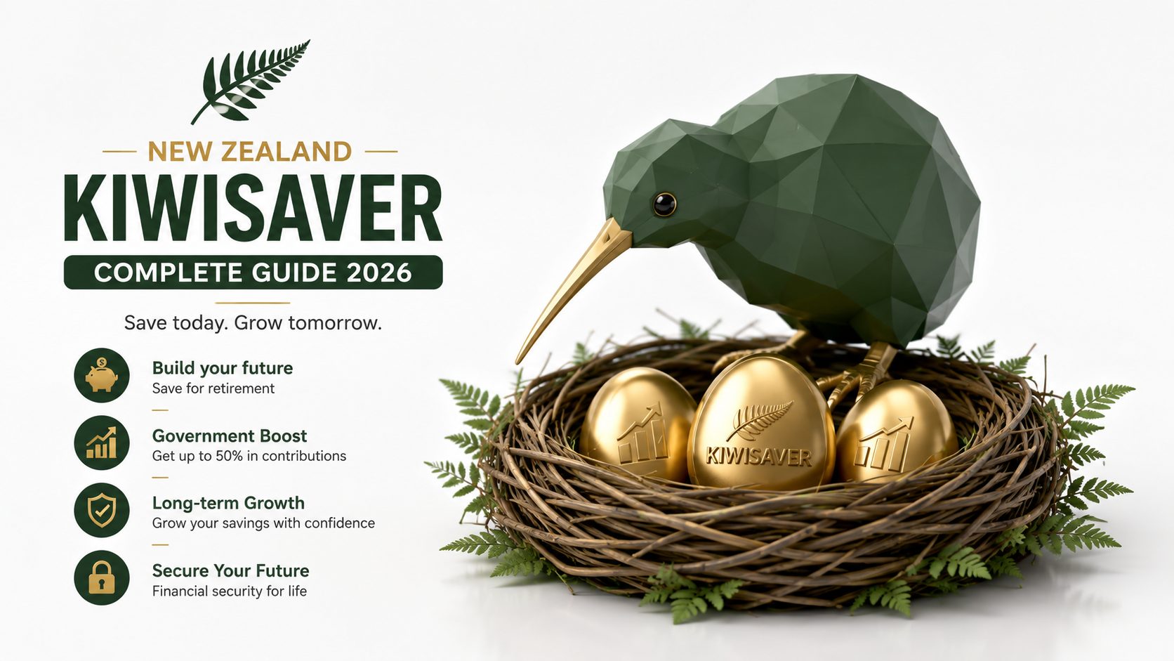 New Zealand KiwiSaver contribution structure showing 3.5% minimum rate for 2026, government member tax credit up to $521, and first home withdrawal eligibility