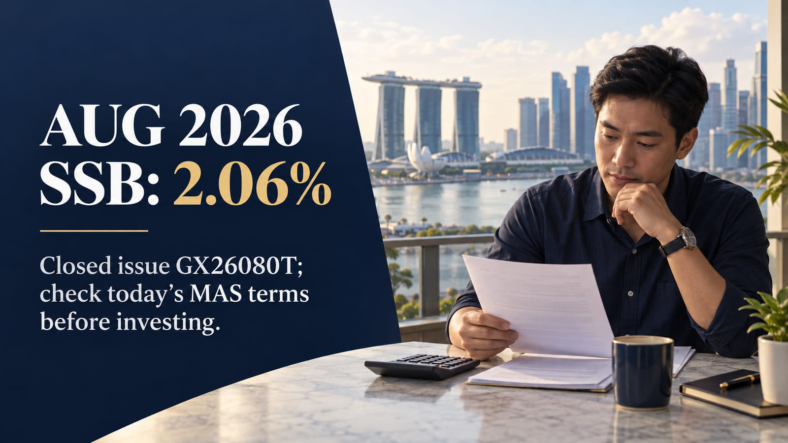 Singapore saver reviews the closed August 2026 SSB GX26080T, whose MAS ten-year effective annual return was 2.06%; the image points new buyers to current terms.