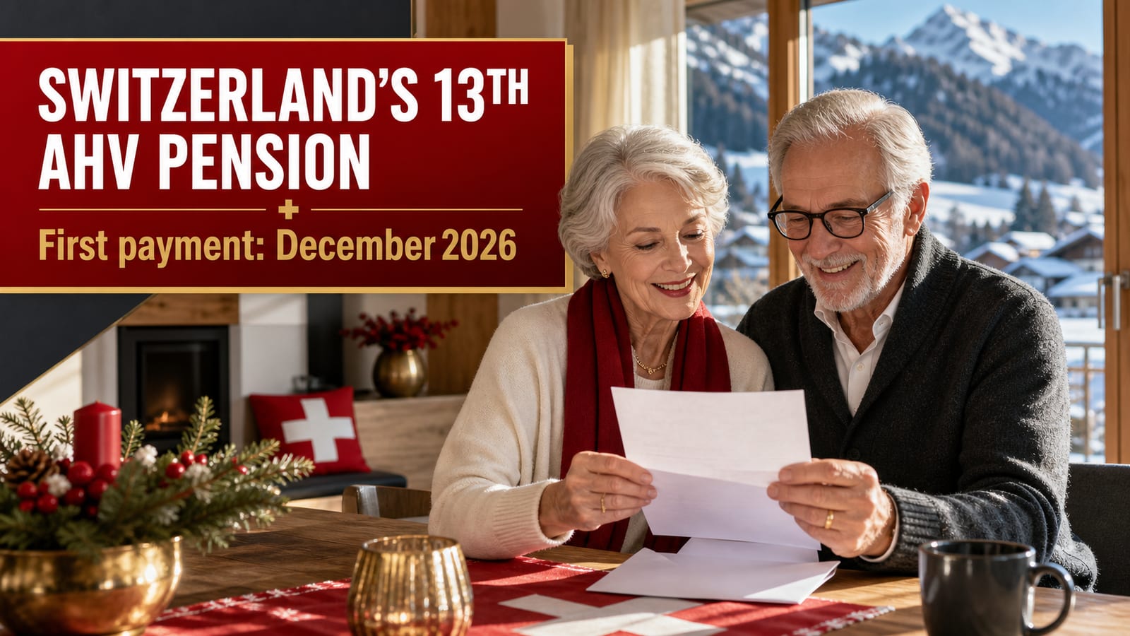 Switzerland 13th AHV pension guide for December 2026 showing the CHF 2,520 maximum monthly pension, the one-twelfth calculation, the married-couple 150 percent cap at CHF 3,780, and the cantonal tax impact on the extra payment
