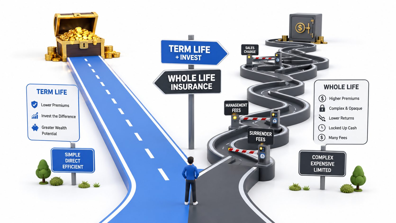 Term life insurance vs whole life insurance cost comparison showing premium differences, cash value accumulation, and Buy Term Invest the Difference BTID wealth projection over 30 years