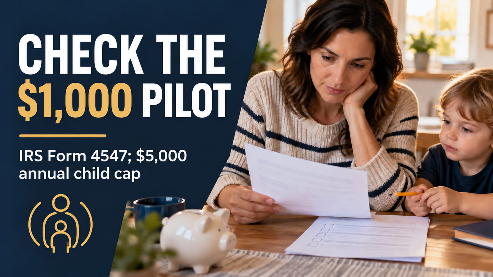 Parent reviewing official Trump Account rules: $1,000 qualifying pilot, $5,000 annual child cap and $2,500 employer cap per employee