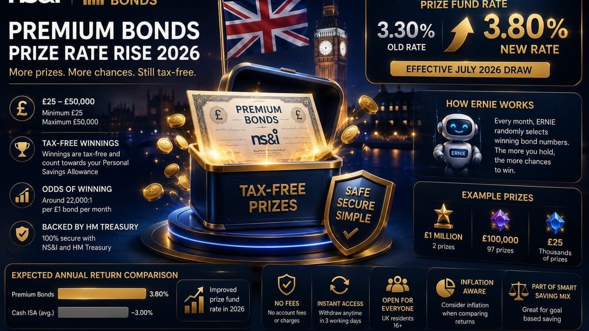 Chart showing the Premium Bonds prize fund rate increase from 3.30% to 3.80% for July 2026, with improved 22,000:1 odds, prize distribution breakdown, and comparison with Cash ISA rates.