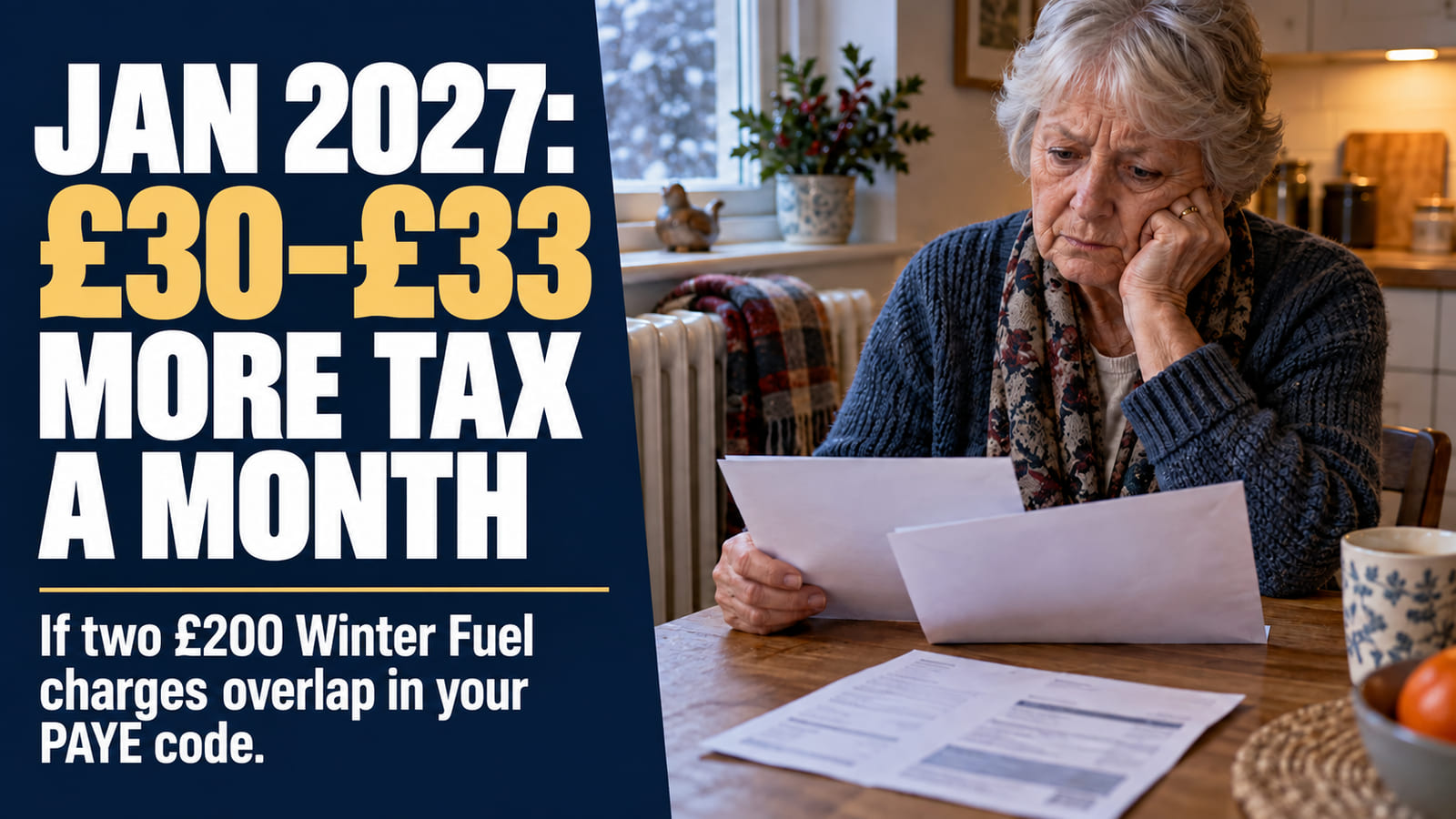 British pensioner reviewing two £200 Winter Fuel Payment letters; the headline says a January 2027 PAYE change may mean £30 to £33 more tax per month.