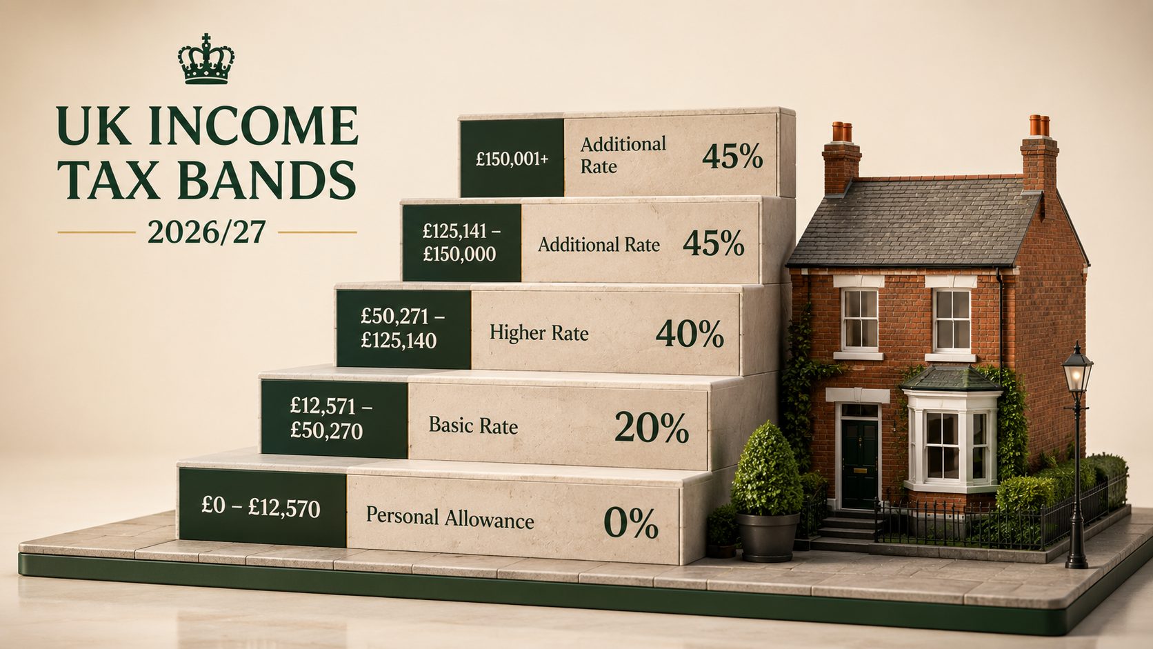 Infographic showing UK tax bands for 2026/27 including Personal Allowance £12,570, Basic Rate 20%, Higher Rate 40%, Additional Rate 45%, and National Insurance rates