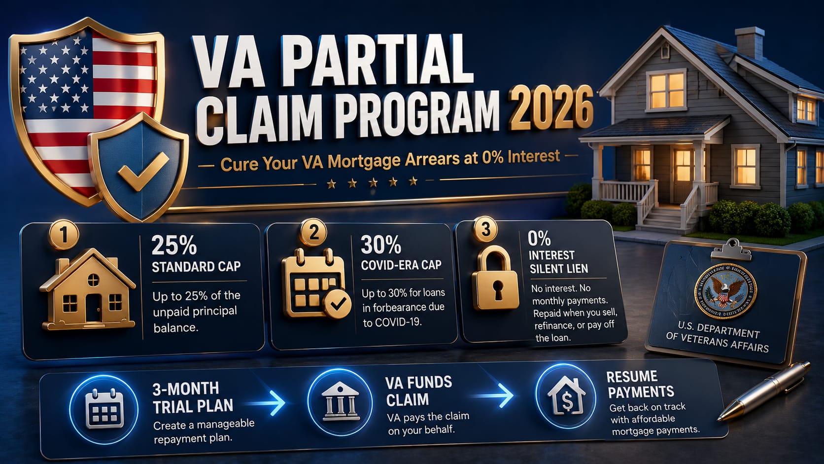 Infographic showing the VA Partial Claim Program cap structure (25% standard, 30% COVID-era), the 3-month trial payment plan process, and how the 0% subordinate lien is repaid at sale or refinance.