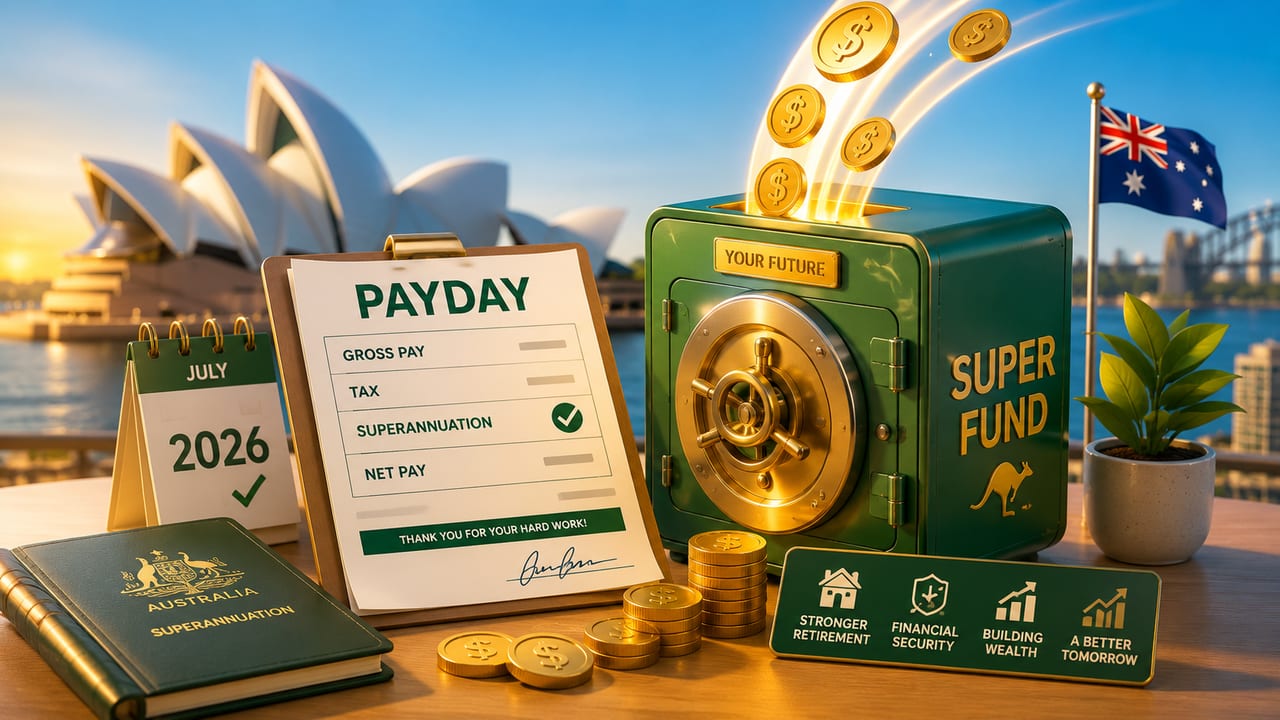 Infographic showing how payday super compounding beats quarterly payments over a 30-year career with step-by-step math and balance comparisons